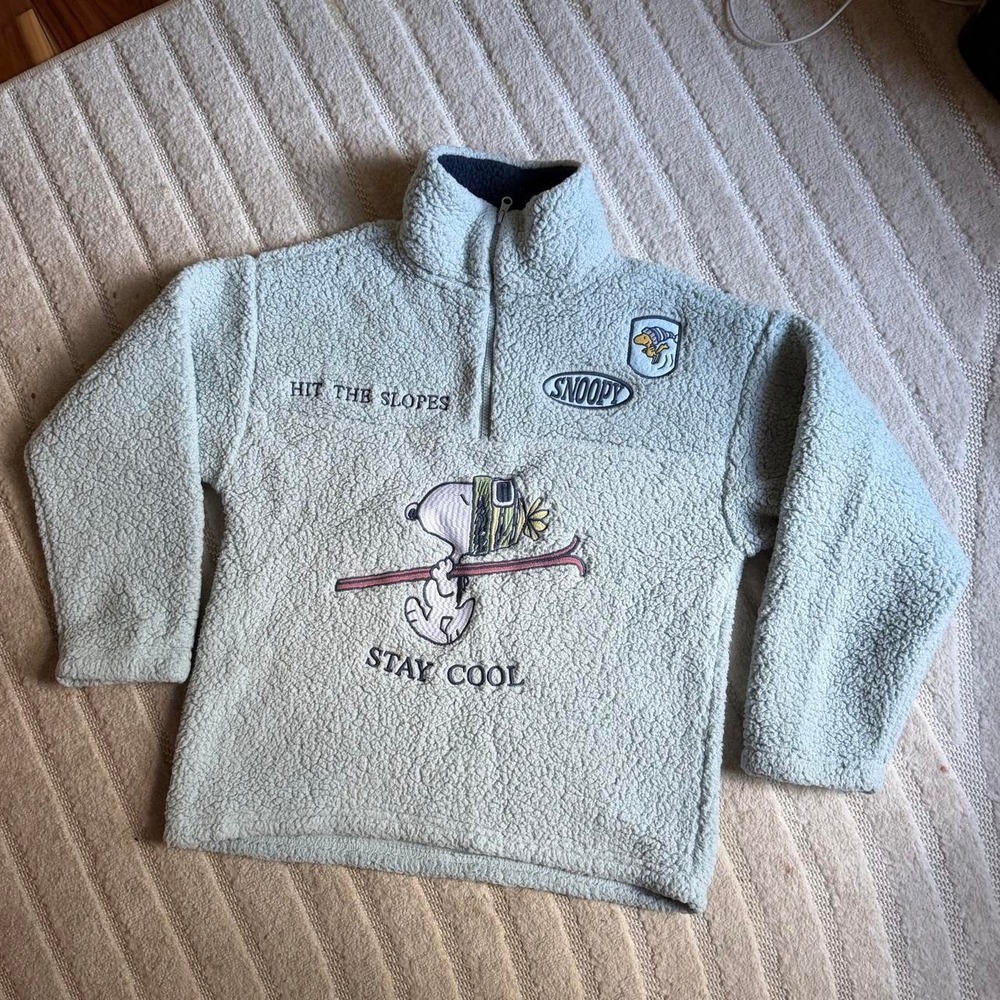 Peanuts Snoopy Light Blue Sherpa Quarter-Zip Pullover Sweater size Small Outdoor